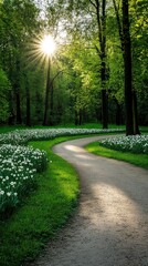 Obraz premium A winding dirt path surrounded by colorful flowers invites visitors toward a bright clearing, perfect for moments of reflection