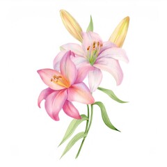 Fototapeta premium Soft watercolor rendering depicting pink and white lilies, revealing gentle petals and nuanced botanical elegance with refined brushwork