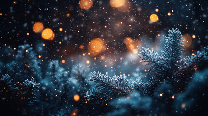 Obraz premium Snow-covered fir trees in a winter forest at night creating a peaceful serene atmosphere with soft glowing lights in the background minimalistic empty space on the side for text caption