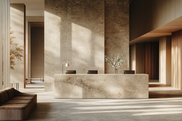 Modern lobby design features natural light and elegant materials in a serene setting