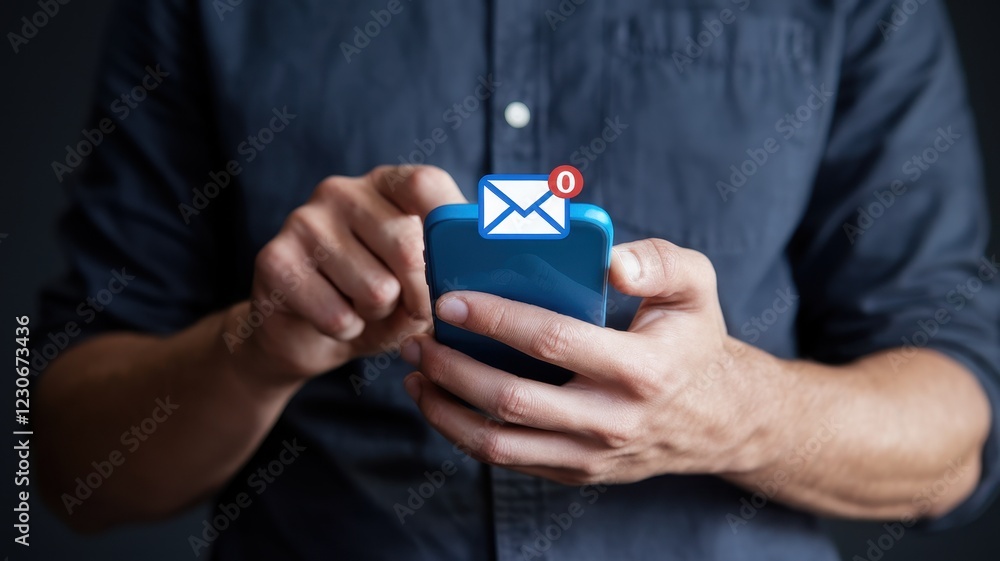Poster man checking email notification on smartphone