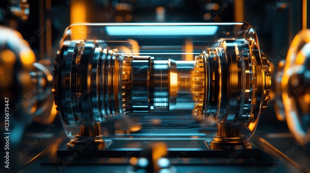 Poster encased futuristic engine precision machined components