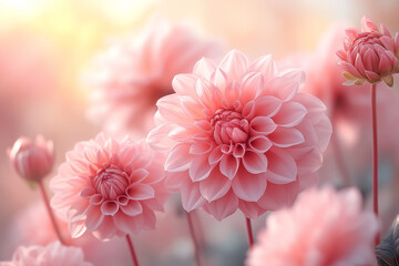 Fototapeta premium Ethereal Pastel Background with Blooming Dahlias and Peonies in Soft Focus and Dreamy Light. Generative AI