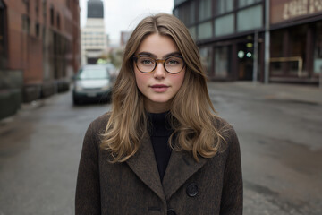 Fototapeta premium Woman in glasses standing confidently on city street during overcast day
