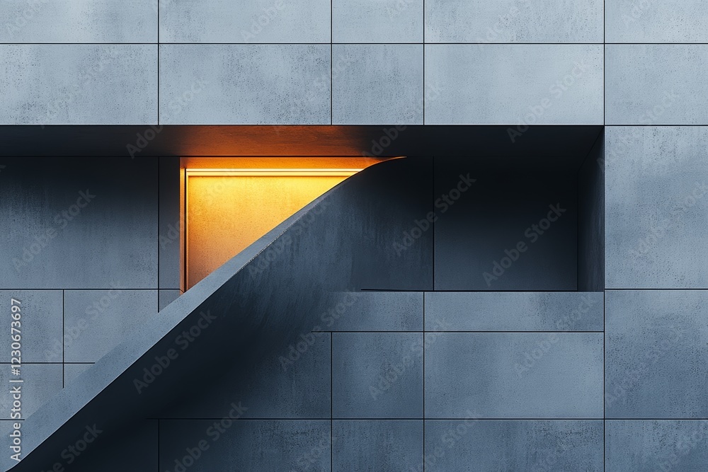 Poster modern architectural design showcases unique stairway and illuminated window against textured concre