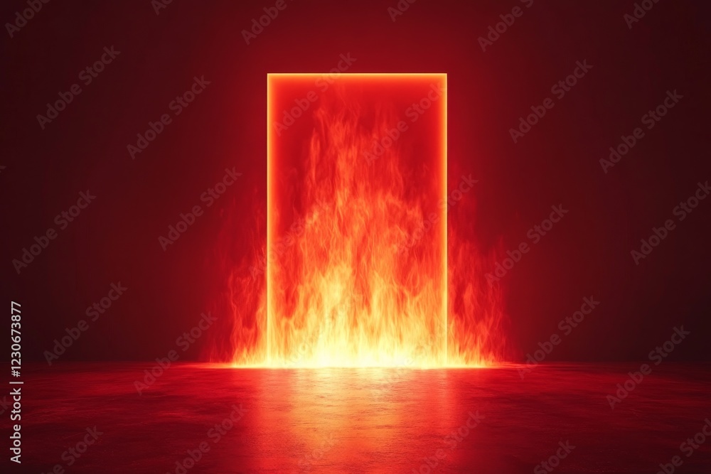 Aufkleber flames emerge from a glowing rectangular doorway in a darkened space, creating a dramatic and intens