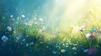 Sunlit Meadow: A breathtaking view of wildflowers in a vibrant field, bathed in the warm glow of summer's sun. A picturesque scene of nature's beauty and serenity.