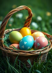 Colorful easter eggs in a wicker basket on grass easter egg holiday illustration celebration easter