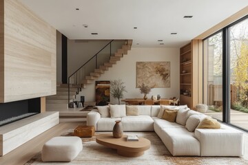 Modern living room design featuring a comfortable sectional couch and minimalist decor in a spacious home interior