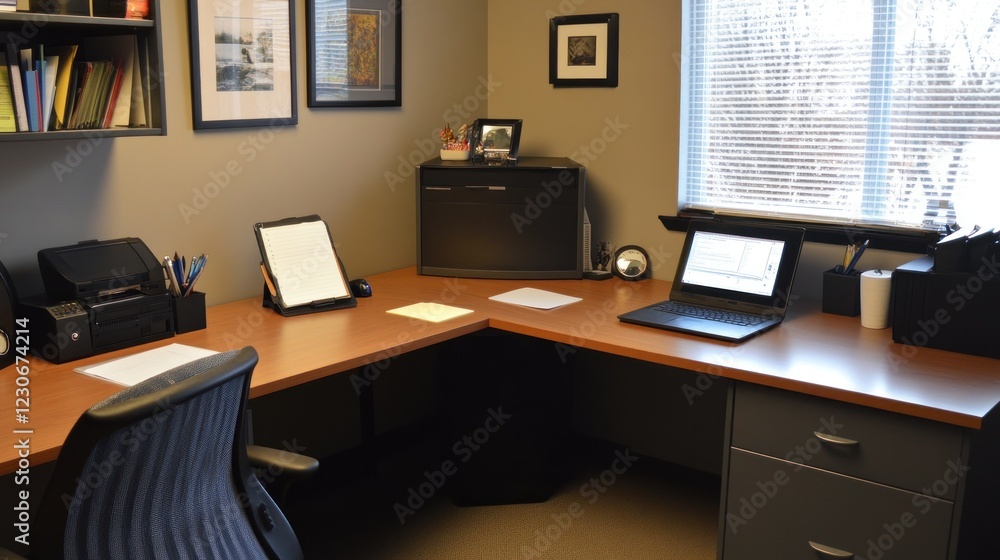 Poster modern home office workspace with computer and printer