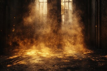 Mysterious golden dust fills an abandoned room with sunlight streaming through large windows