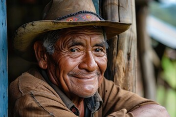 Fototapeta premium Portrait of an old Colombian peasant man wearing a hat and looking at the camera with a big smile.
