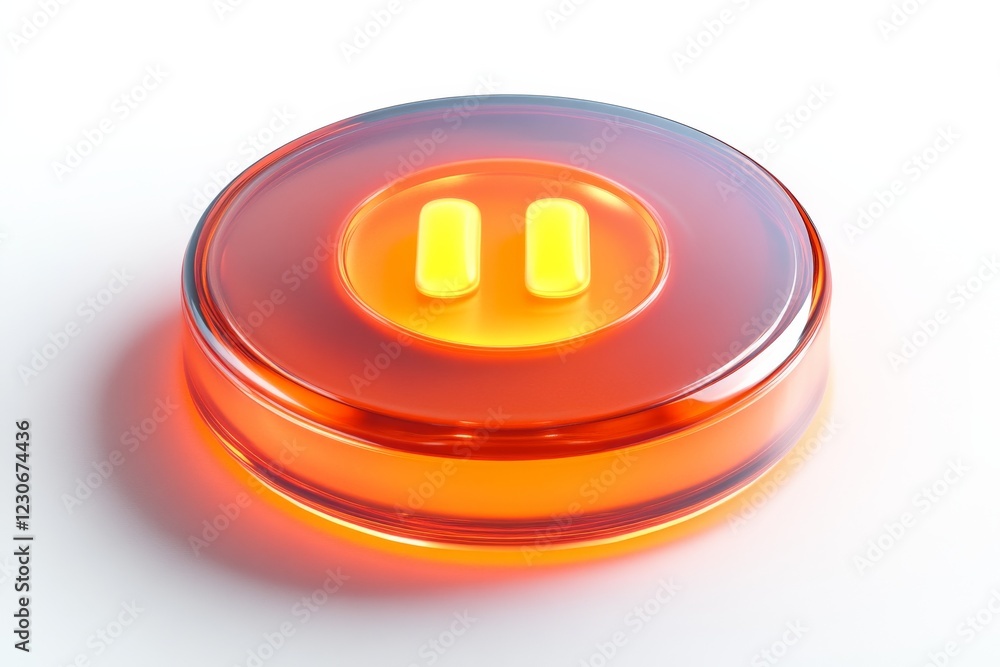 Poster bright orange pause button glowing softly on a white background with a smooth finish and modern desi