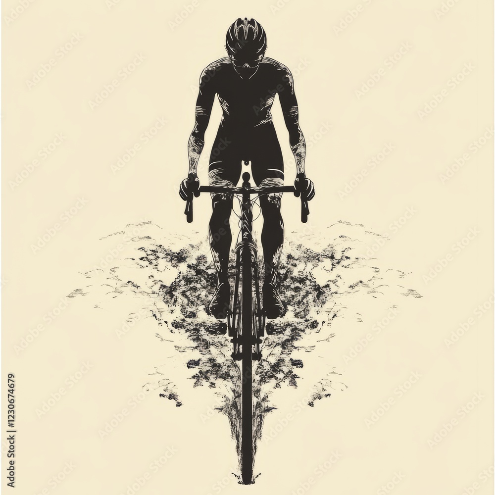 Poster silhouette of a cyclist in motion, showcasing speed and adventure with abstract artistic elements.