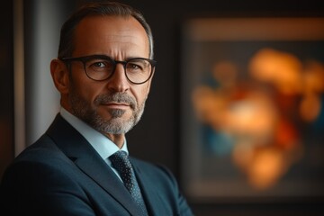 Confident businessman in professional attire poses against a colorful background in a modern office setting