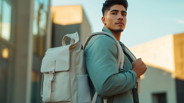Hispanic man holding a travel backpack, outdoor minimalist setting with soft natural light for a lifestyle ad mockup