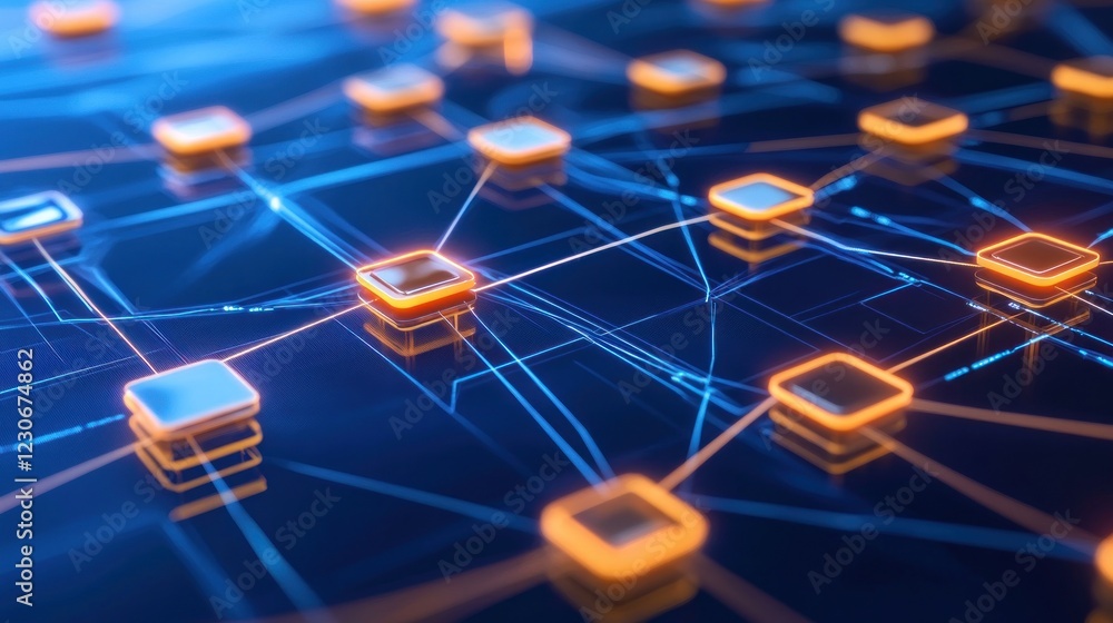 Poster networked digital nodes illuminated in blue and orange