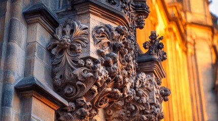 Intricate Stone Carving on Building Facade at Sunset
