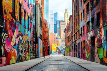 Fototapeta premium Brightly painted graffiti street with skyscrapers in the background under a clear sky.