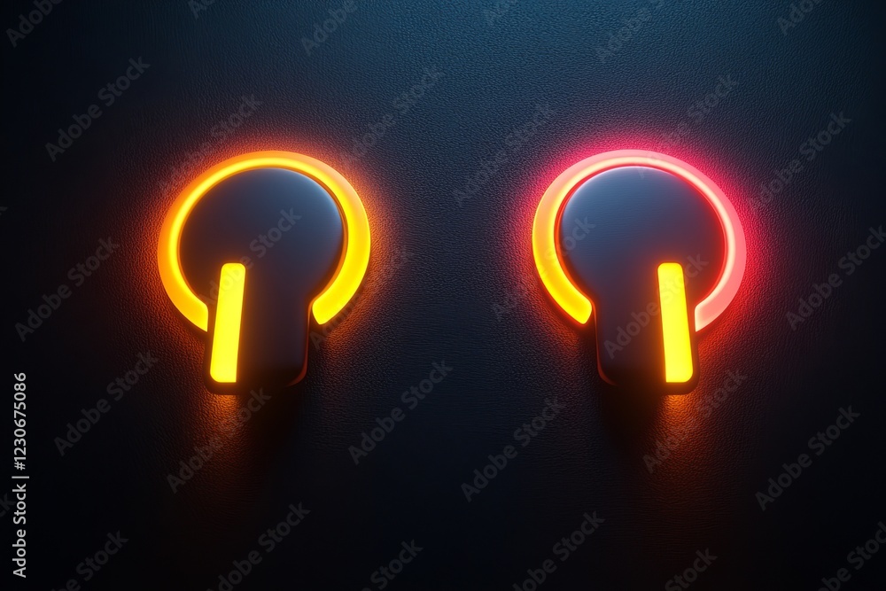 Poster brightly colored power buttons on a dark background create a modern digital aesthetic in minimalist 