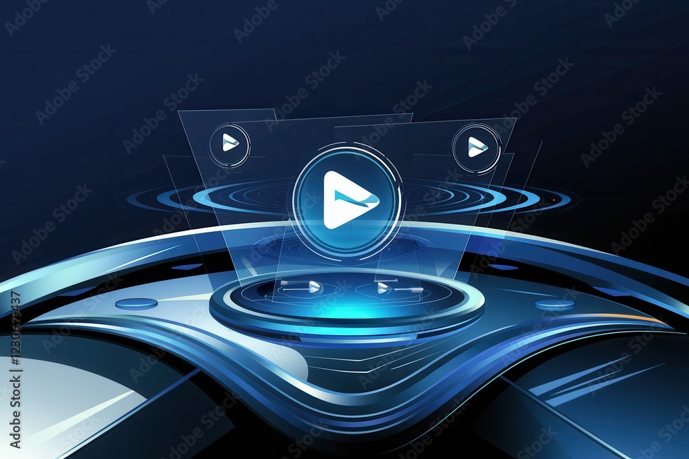Poster futuristic interface: digital play button hologram on a sleek tech surface