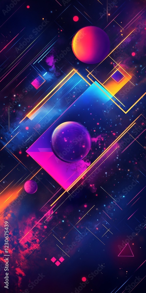 Poster a colorful space background with a purple planet in the middle. there are also other planets and sta