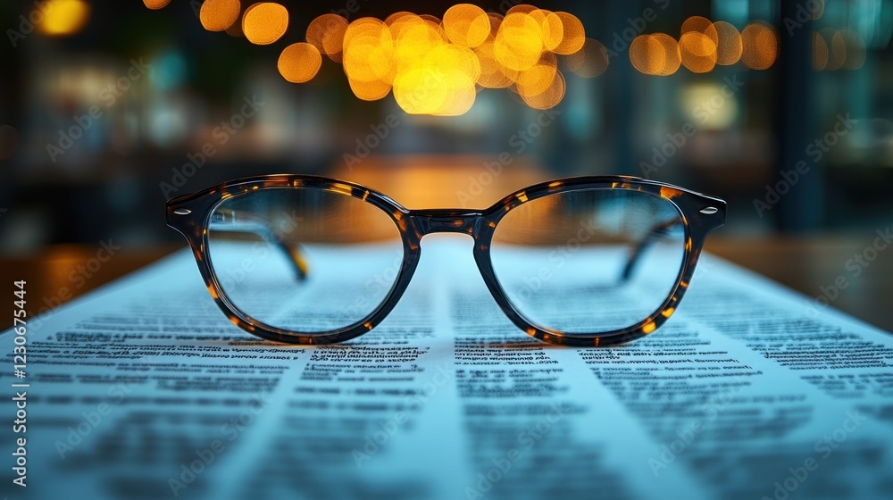 Poster Eyeglasses Resting on a Document in Soft Lighting