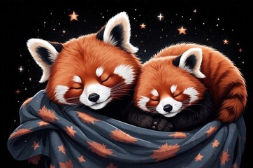 Obraz premium Colorful illustration of a cute adorable sleeping animals with blanket, night sky, stars and black background, nursery decor and nature theme concept texture design. 