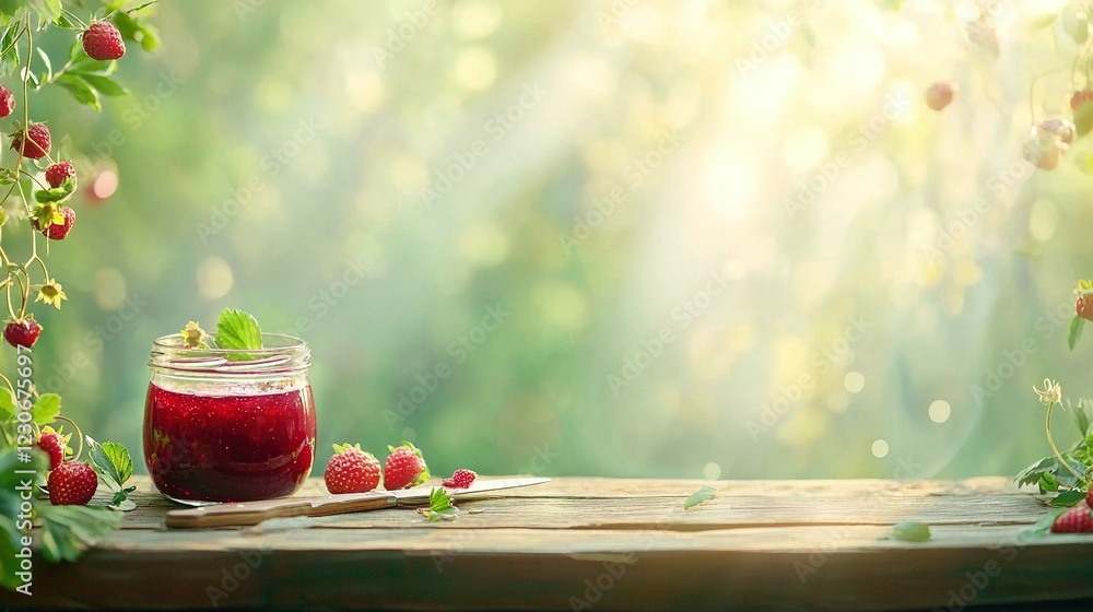 Poster a jar of raspberry jam rests atop a wooden table alongside a cluster of strawberries