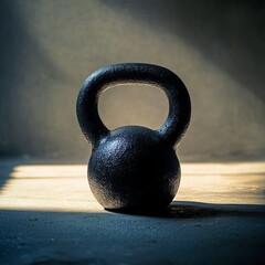 Fototapeta premium Black Kettlebell on Concrete Floor with Soft Morning Light Effect
