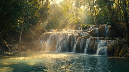 Fototapeta premium Sunlit jungle waterfall, tranquil pool, misty morning, nature serenity, travel poster