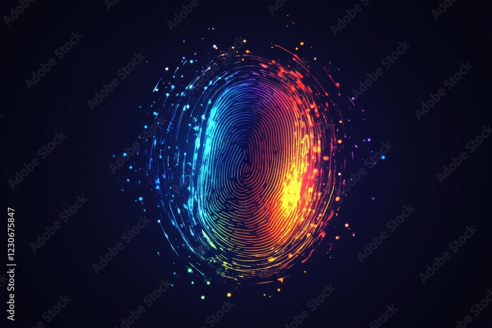 Poster colorful abstract fingerprint design representing identity and digital security in a modern art styl