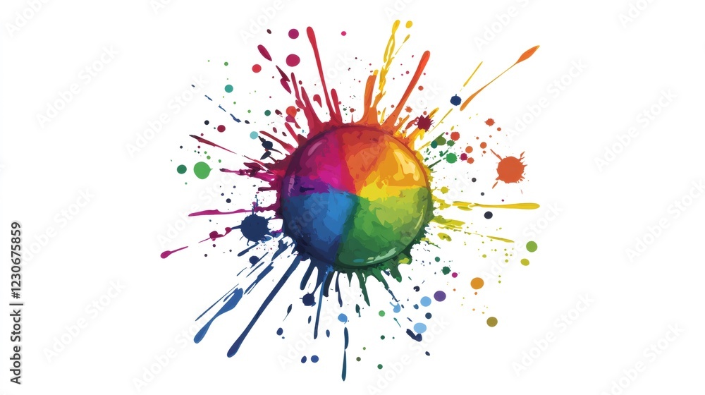 Poster watercolor sphere exploding with colorful splashes, creating a vibrant and dynamic artistic expressi