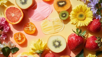 Vibrant Summer Fruit And Flower Flatlay With Pink And Yellow Masks