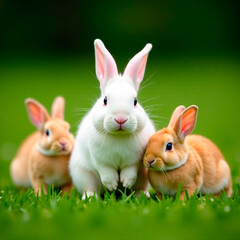 Obraz premium Cute white bunny having fun on the lawn with two red bunnies