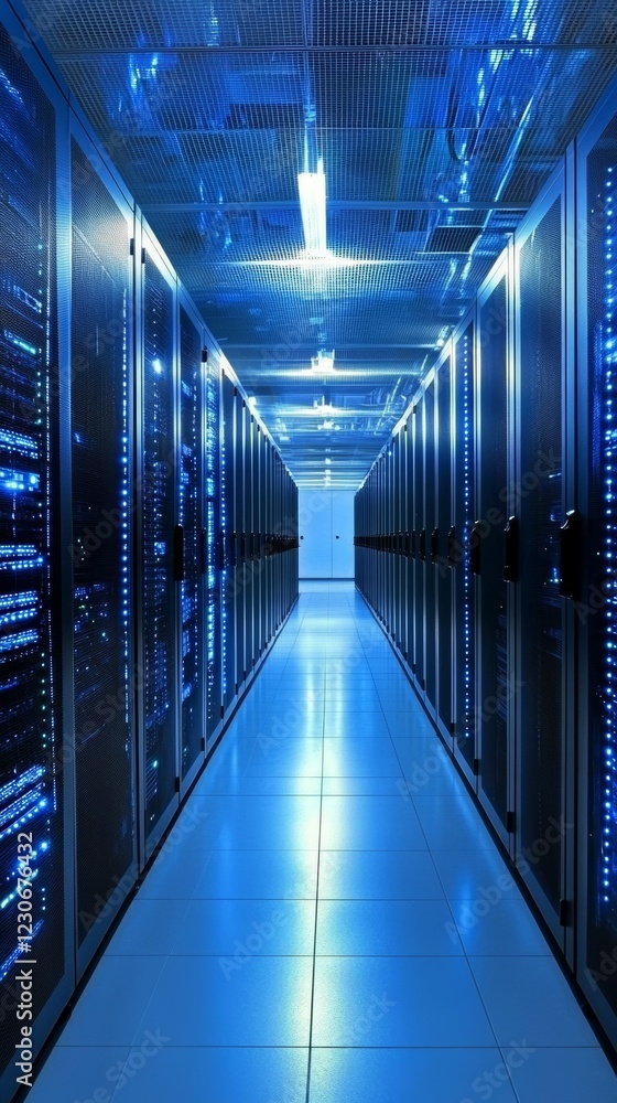 Poster modern data center corridor with glowing servers and advanced technology infrastructure