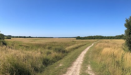 Obraz premium Dirt path through tall grass leading to a vast field under a clear blue sky.