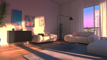 Modern Apartment Living Room Sunset View