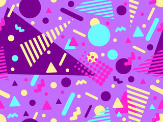Geometric seamless pattern with memphis elements in 80s style. Colorful geometric pattern. Design of promotional products, wrapping paper and printing. Vector illustration