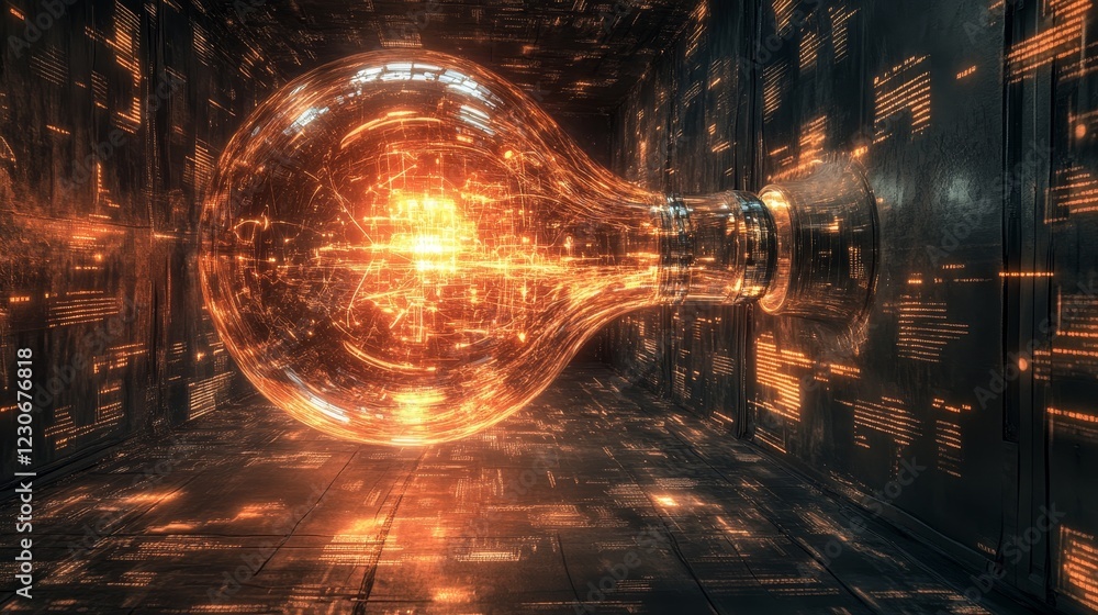 Poster exploring the fusion of technology and creativity: a lightbulb illuminating digital worlds