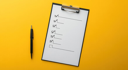 Elegant illustration of an empty checklist on a clipboard beside a pen on a vibrant yellow background