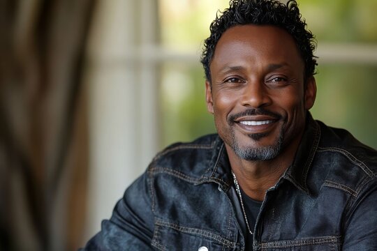 Smiling man dressed in denim jacket enjoys a moment in a bright, cozy indoor setting with natural light