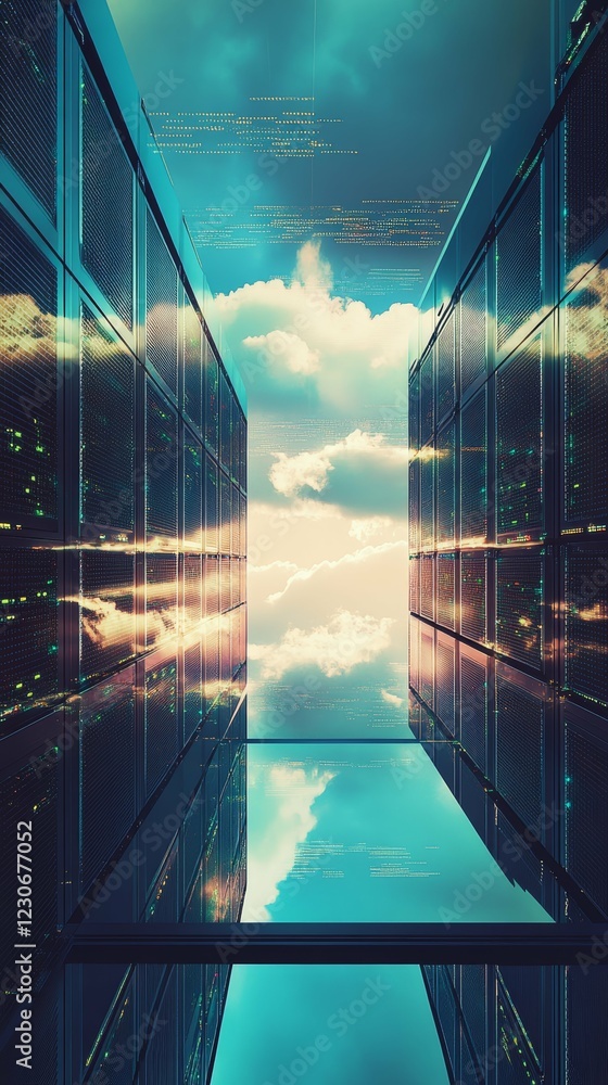 Poster futuristic data center with cloud reflections and digital technology elements