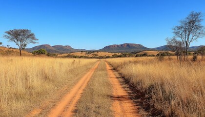 Dirt road through dry grassland leading to distant mountains under a clear blue sky.