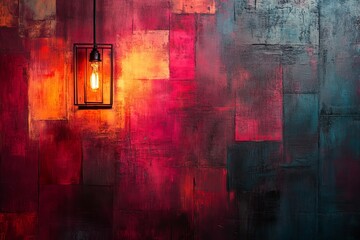 Obraz premium Beautiful vintage light fixture illuminating a colorful textured wall in a cozy setting at dusk