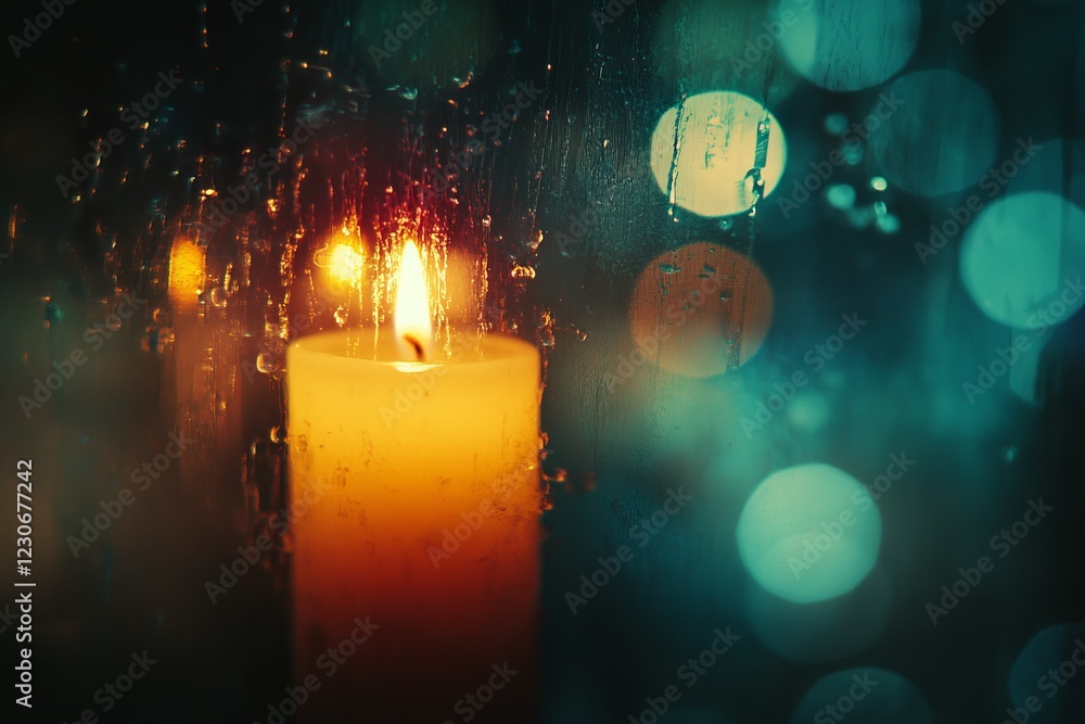 Poster candle flickering softly in the foreground with blurred lights and raindrops on a window in a cozy s