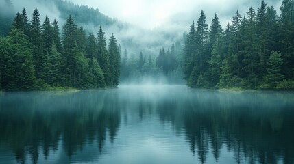 Fototapeta premium Serene Forest Lake Surrounded by Misty Mountains at Dawn. Generative AI