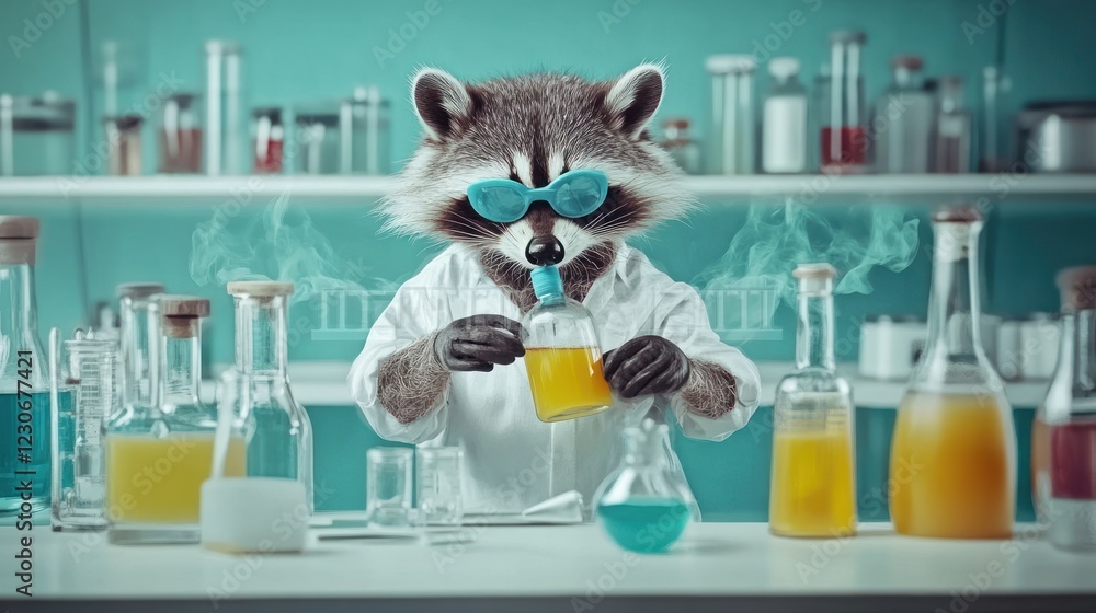 Poster raccoon scientist conducts experiment in laboratory setting