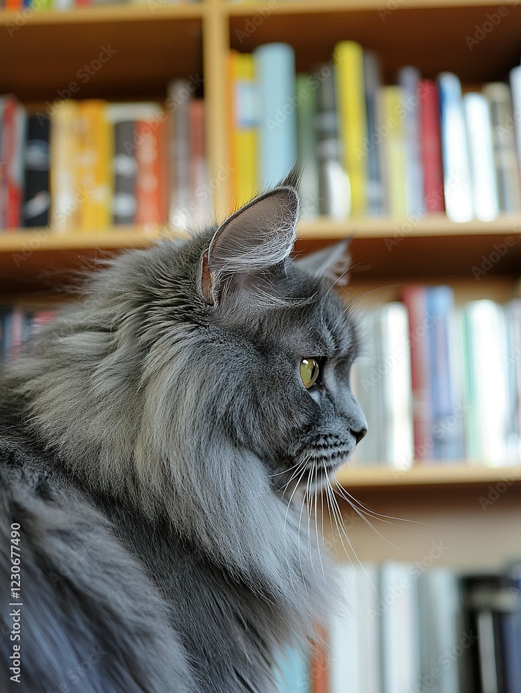 Poster a cat sitting in front of a bookshelf with many books
