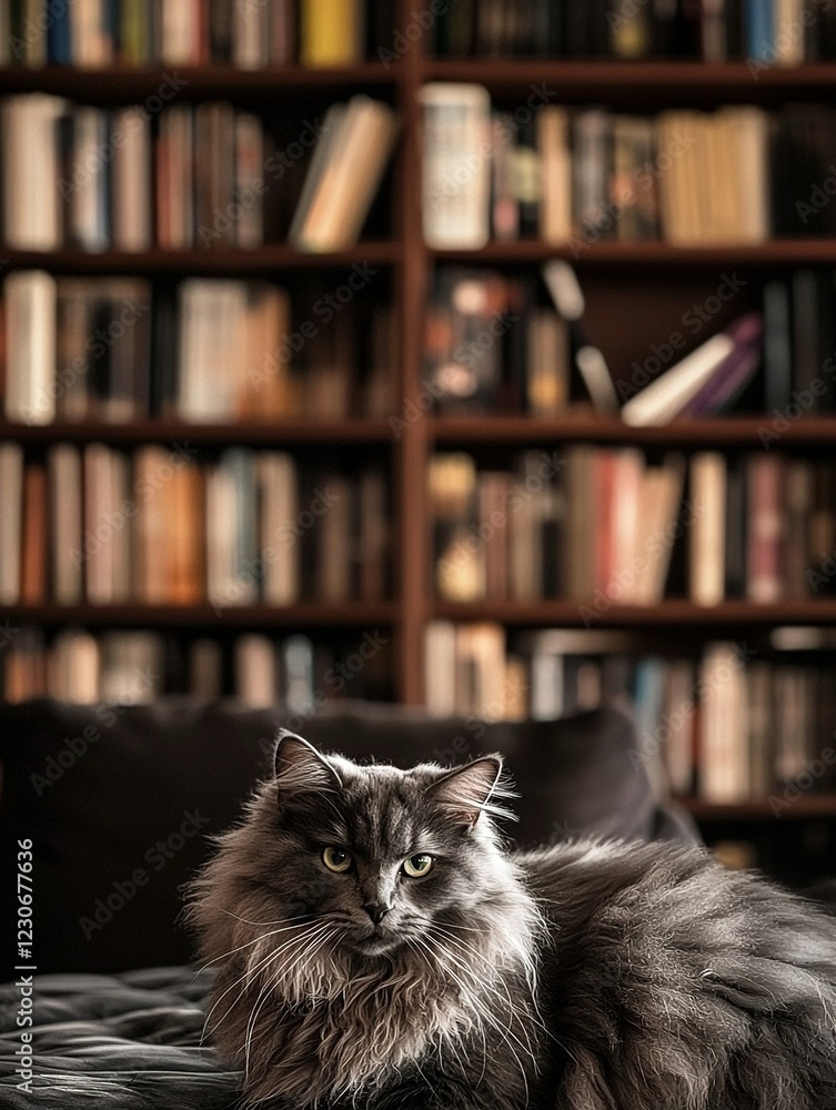 Poster fluffiest gray cat lounging on couch in front of bookshelf overflowing with titles